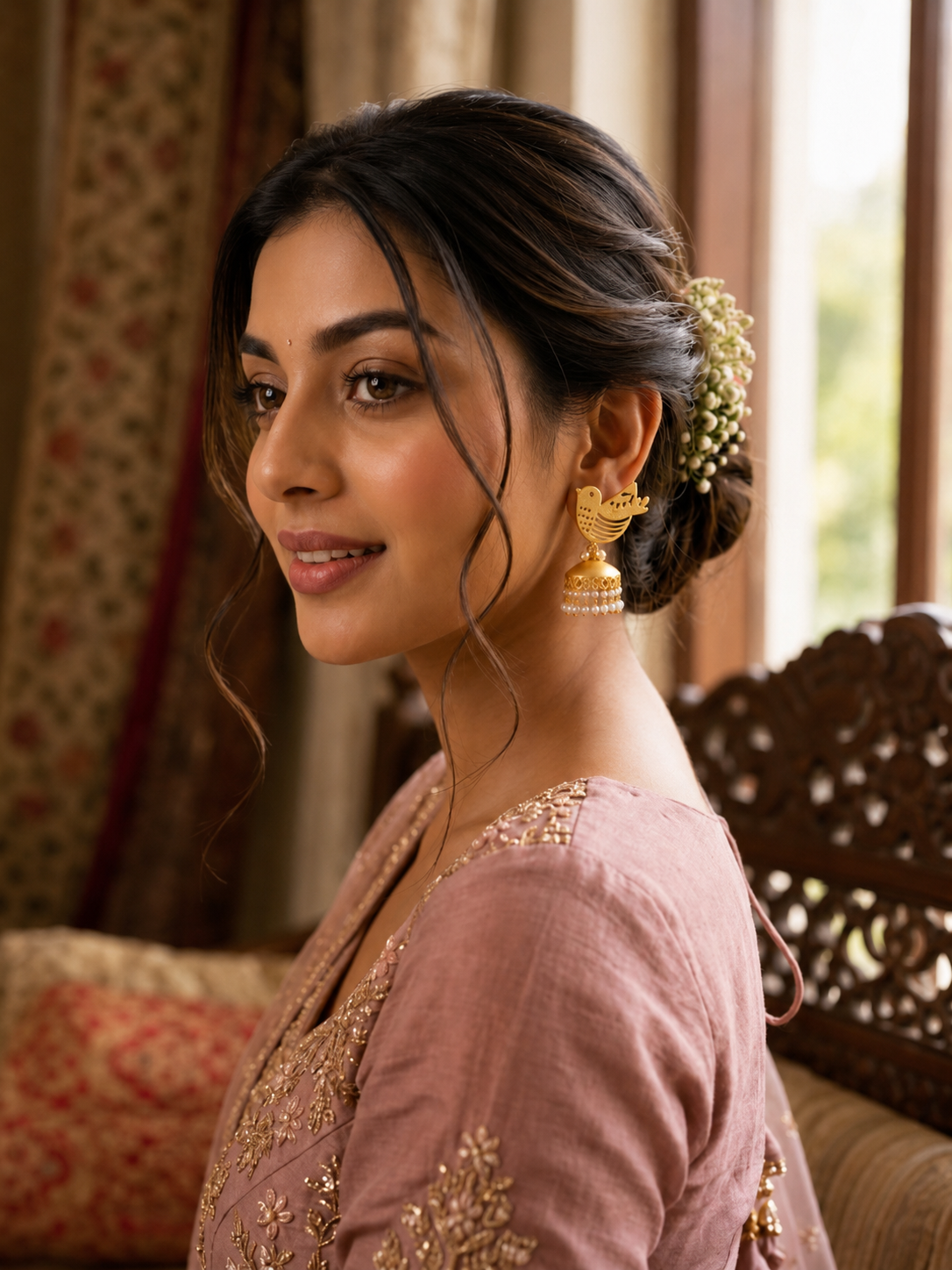 Golden Bird Jhumka Earrings with Pearl-Style Drops