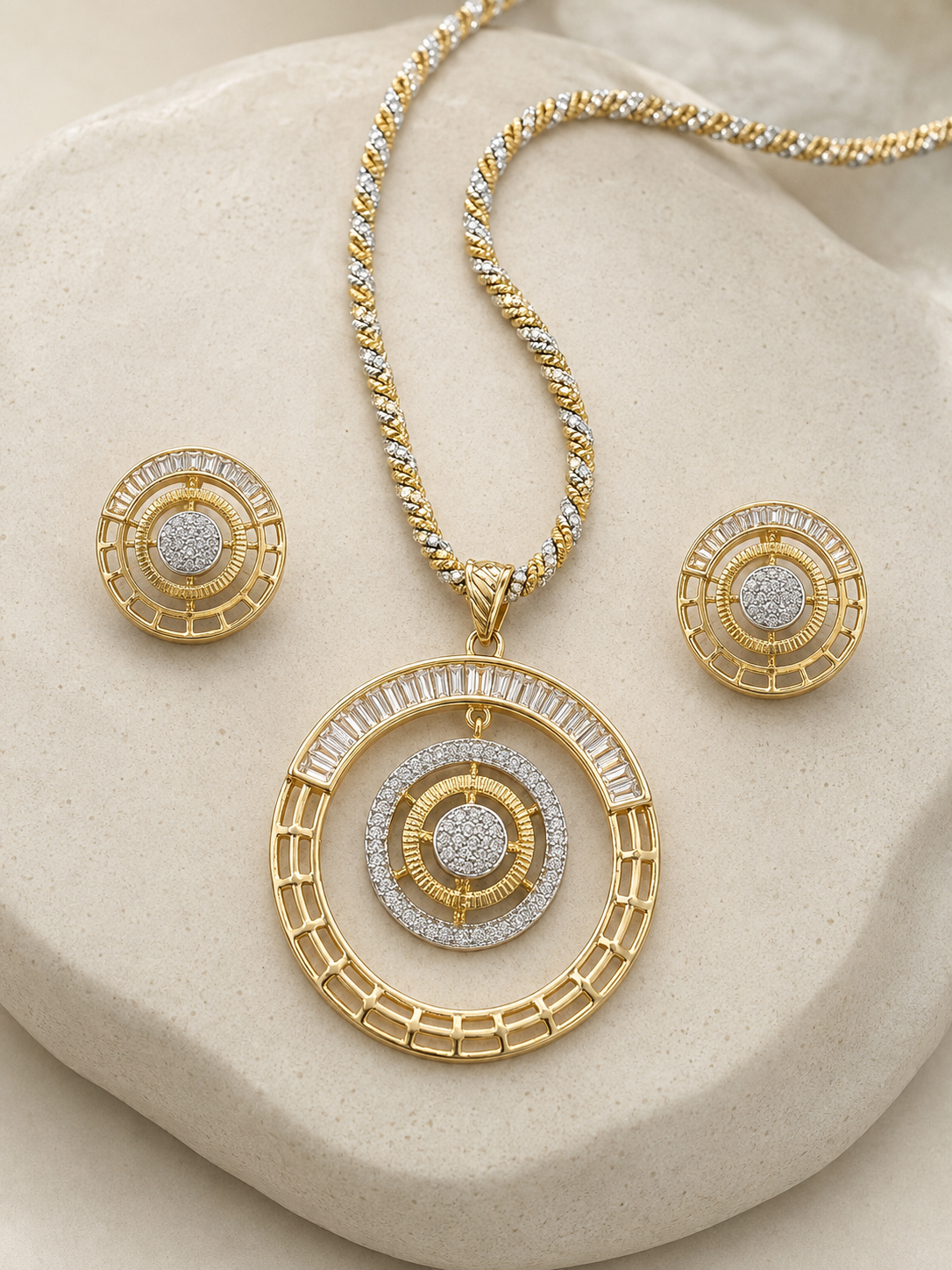 Baguette Circle American Diamond Pendant Set