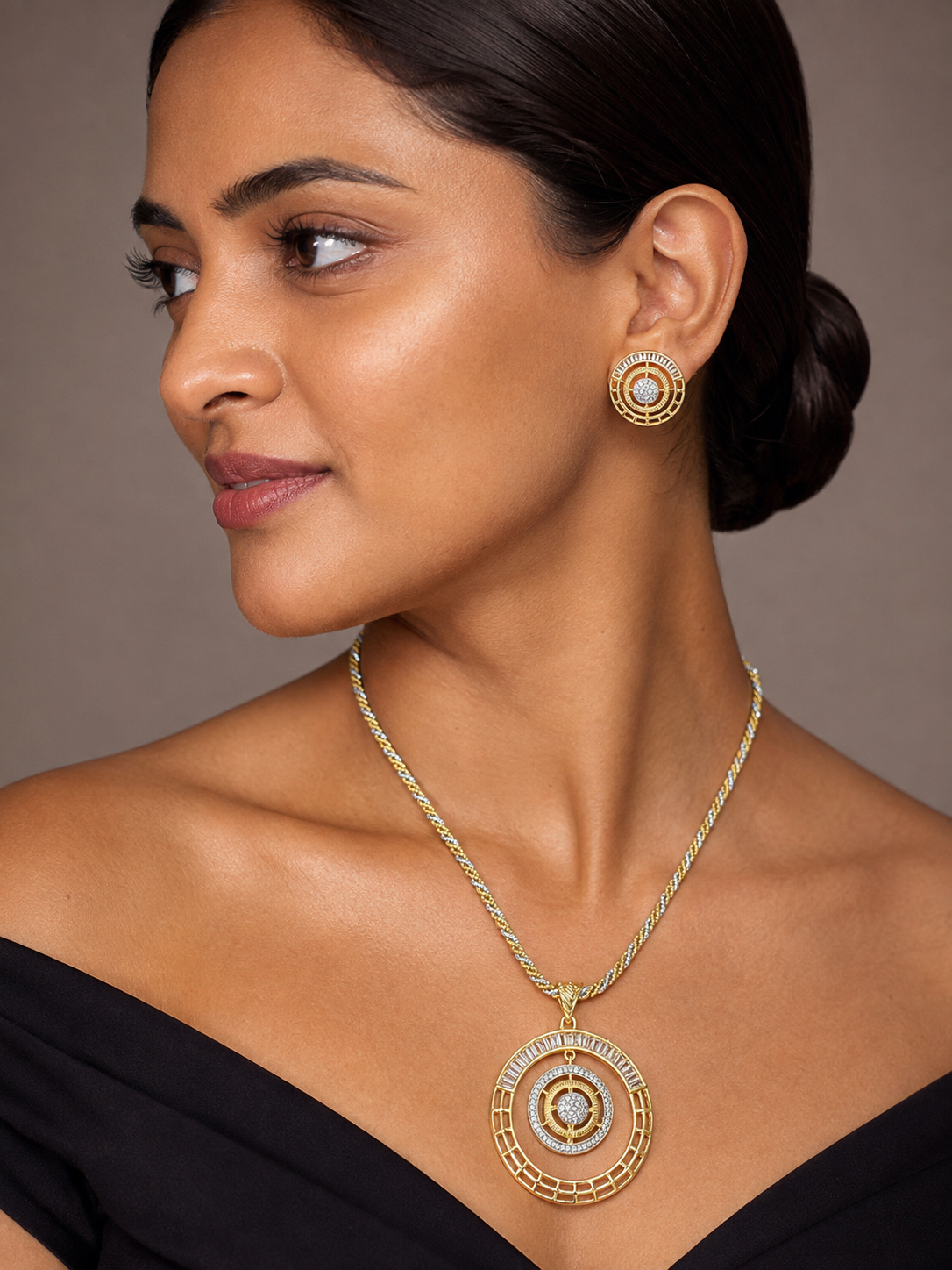 Baguette Circle American Diamond Pendant Set