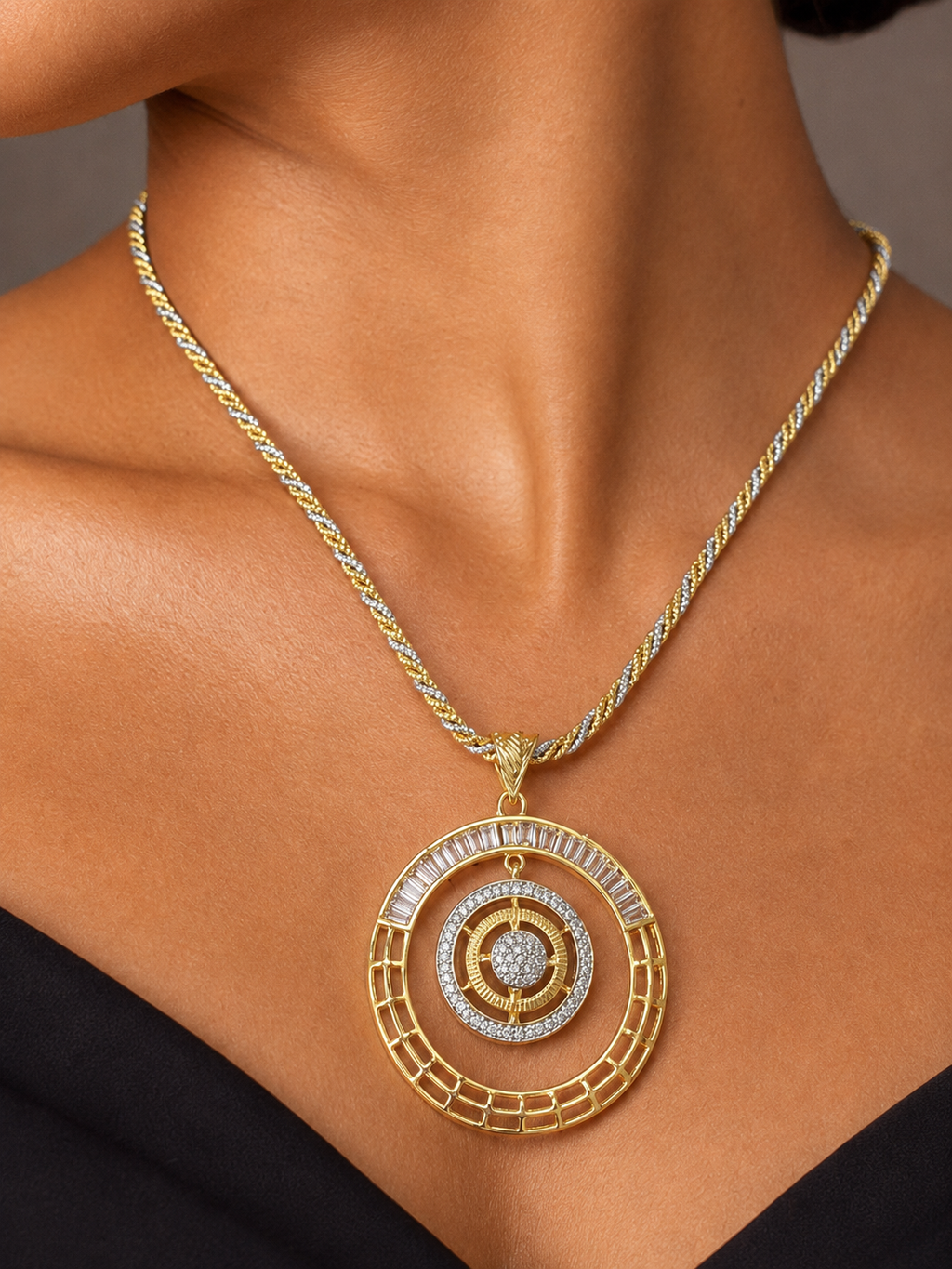 Baguette Circle American Diamond Pendant Set