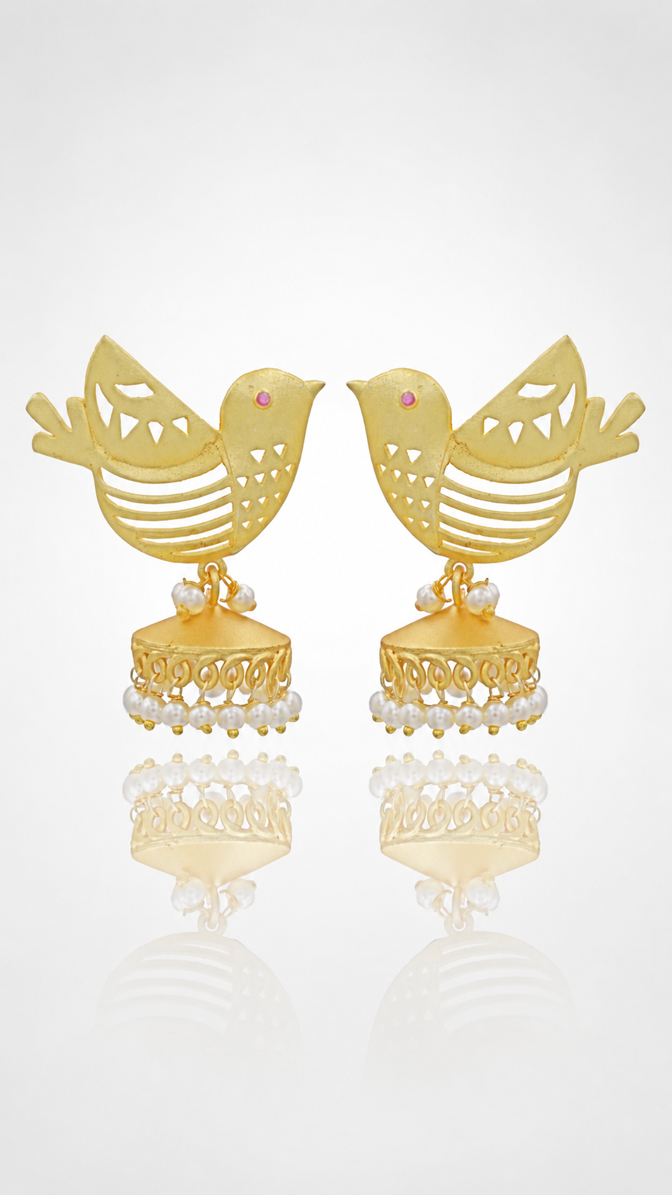 Golden Bird Jhumka Earrings with Pearl-Style Drops