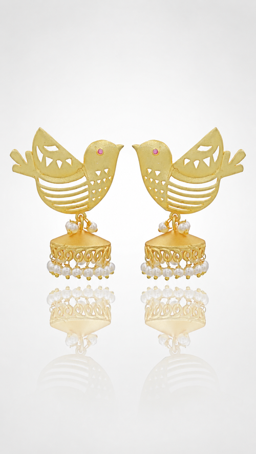 Golden Bird Jhumka Earrings with Pearl-Style Drops