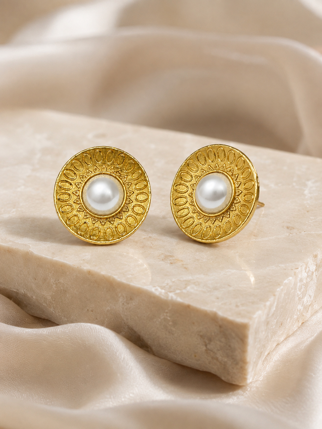 Etched Gold Pearl Stud Earrings