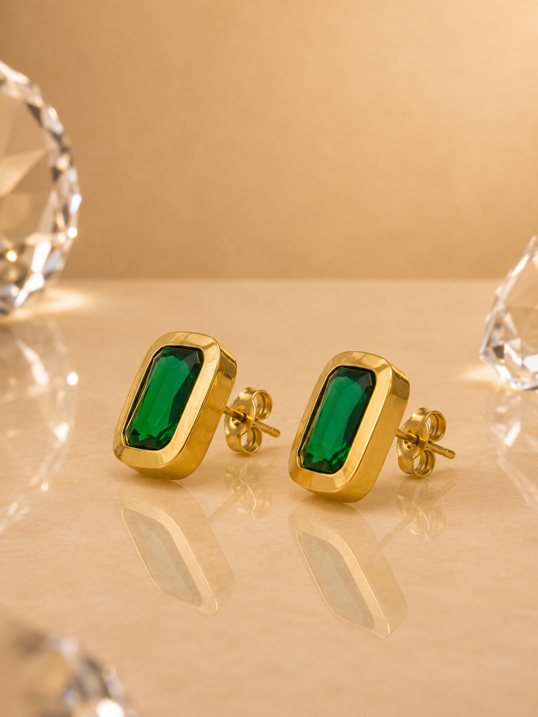 Green Emerald Frame Stud Earrings