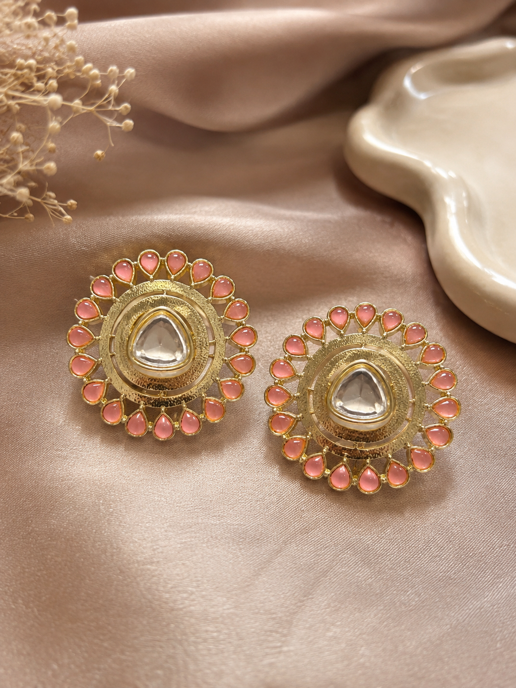Kundan Mandala Statement Studs - Peach