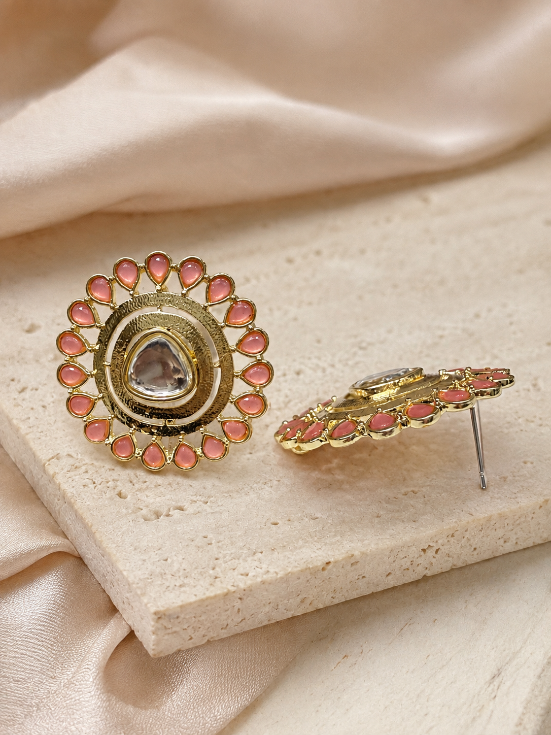 Kundan Mandala Statement Studs - Peach