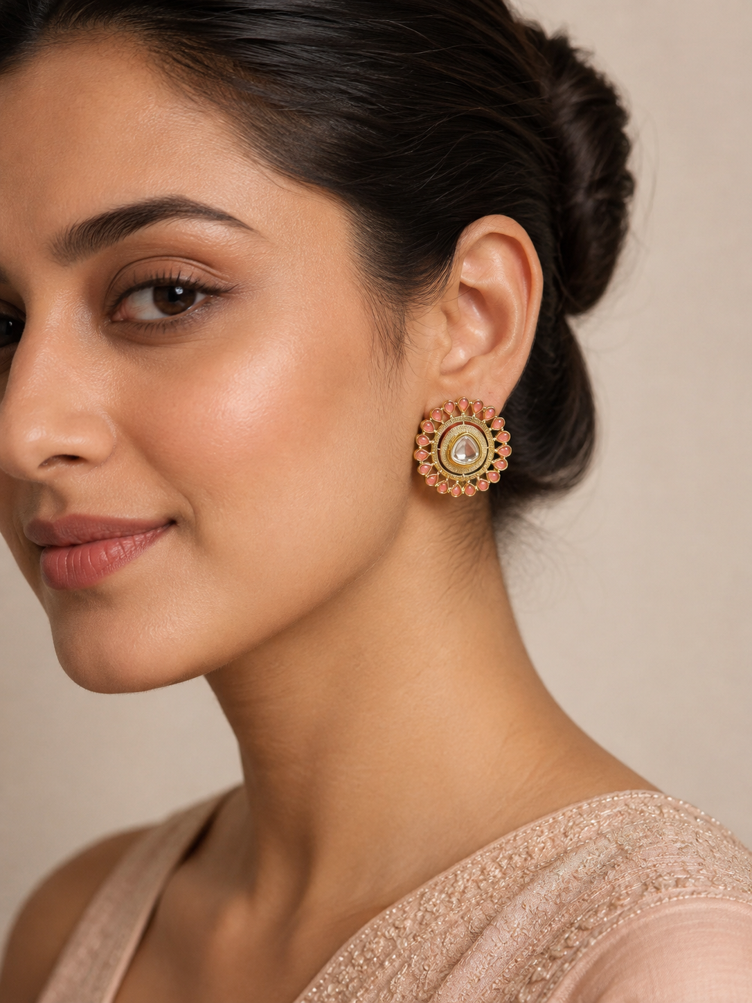 Kundan Mandala Statement Studs - Peach