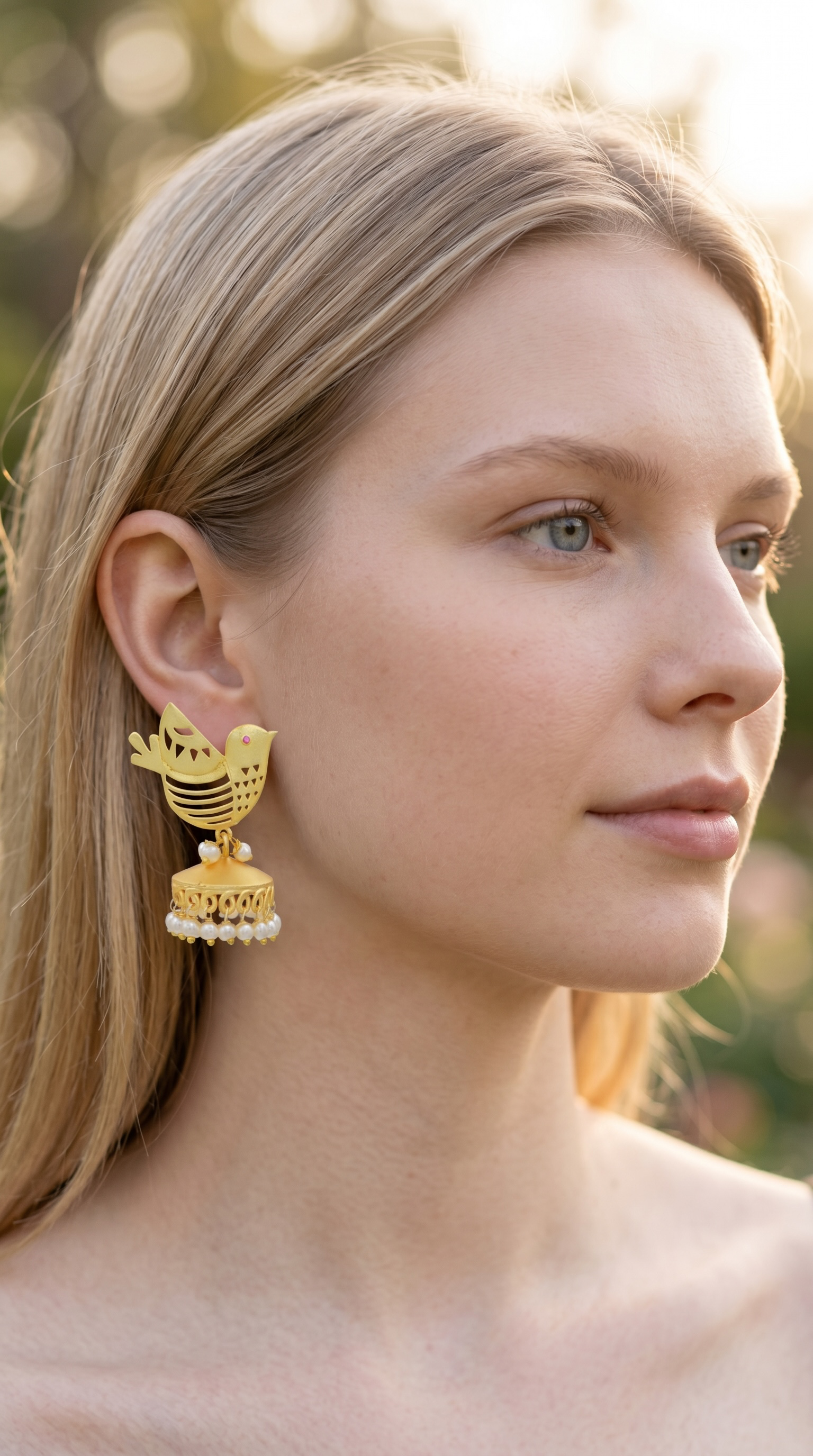 Golden Bird Jhumka Earrings with Pearl-Style Drops