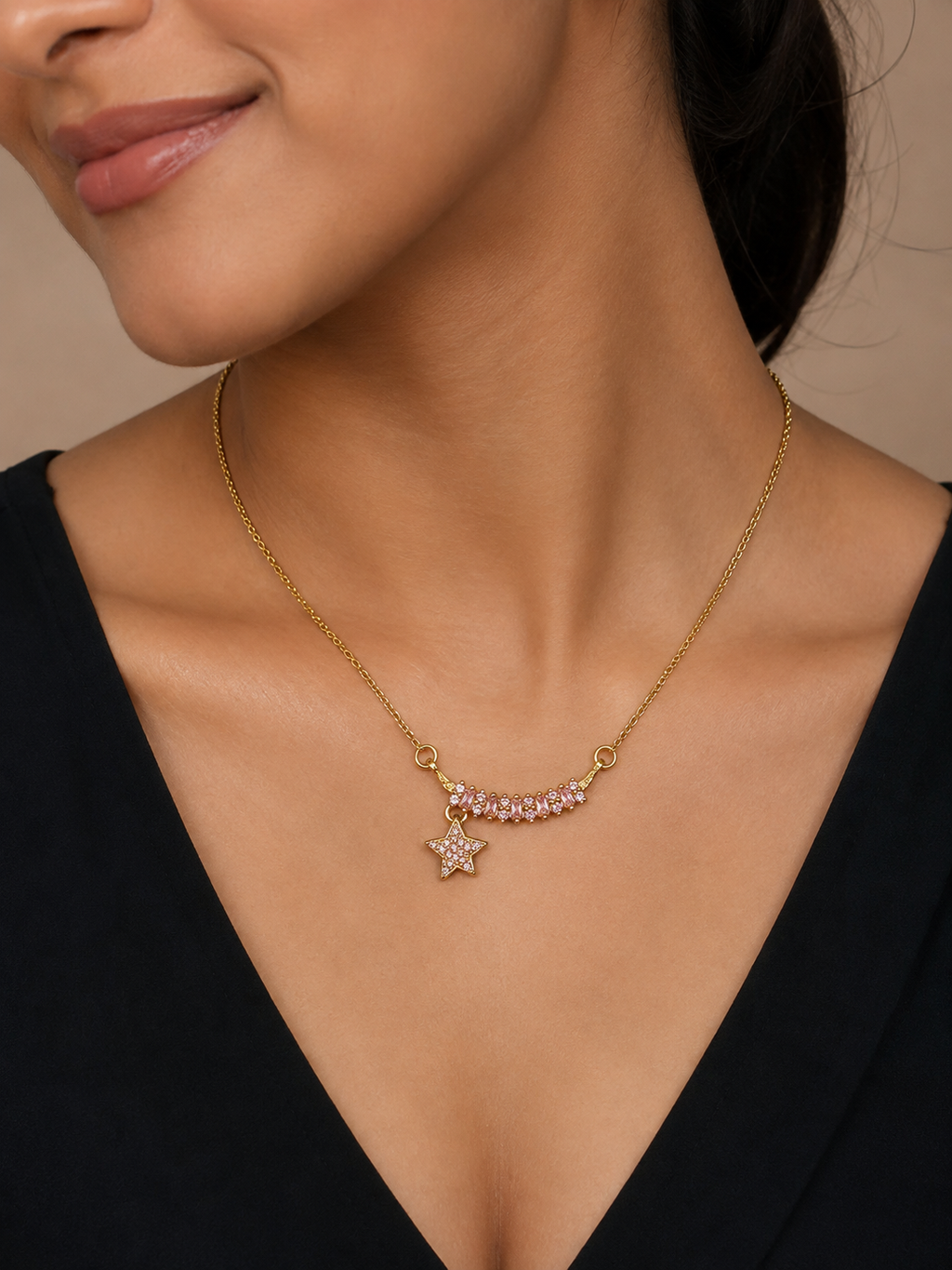 Pink Baguette Star Drop Necklace