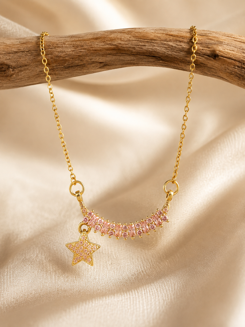 Pink Baguette Star Drop Necklace