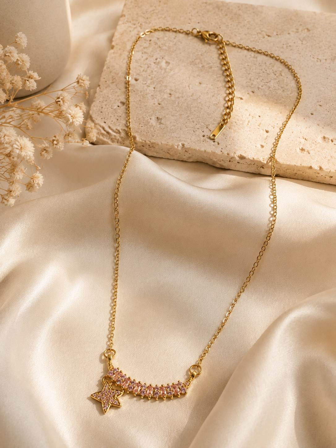 Pink Baguette Star Drop Necklace