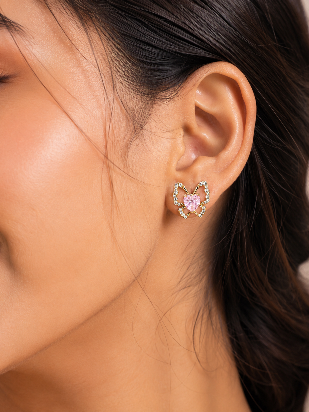 Pink Crystal Butterfly Stud Earrings