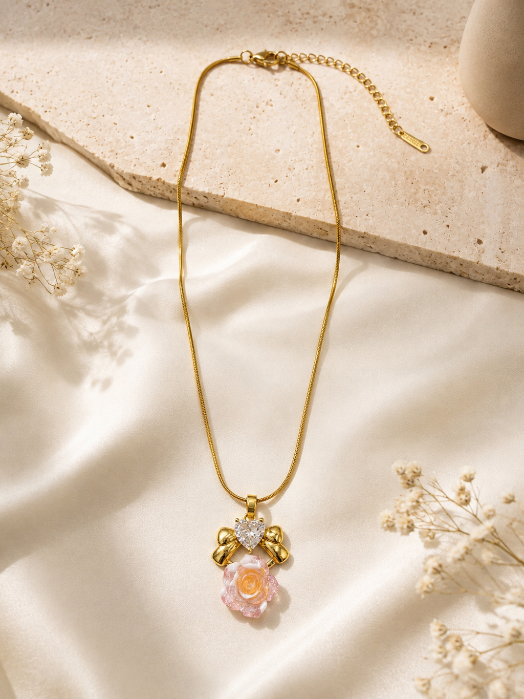 Pink Rose Bow Pendant Necklace