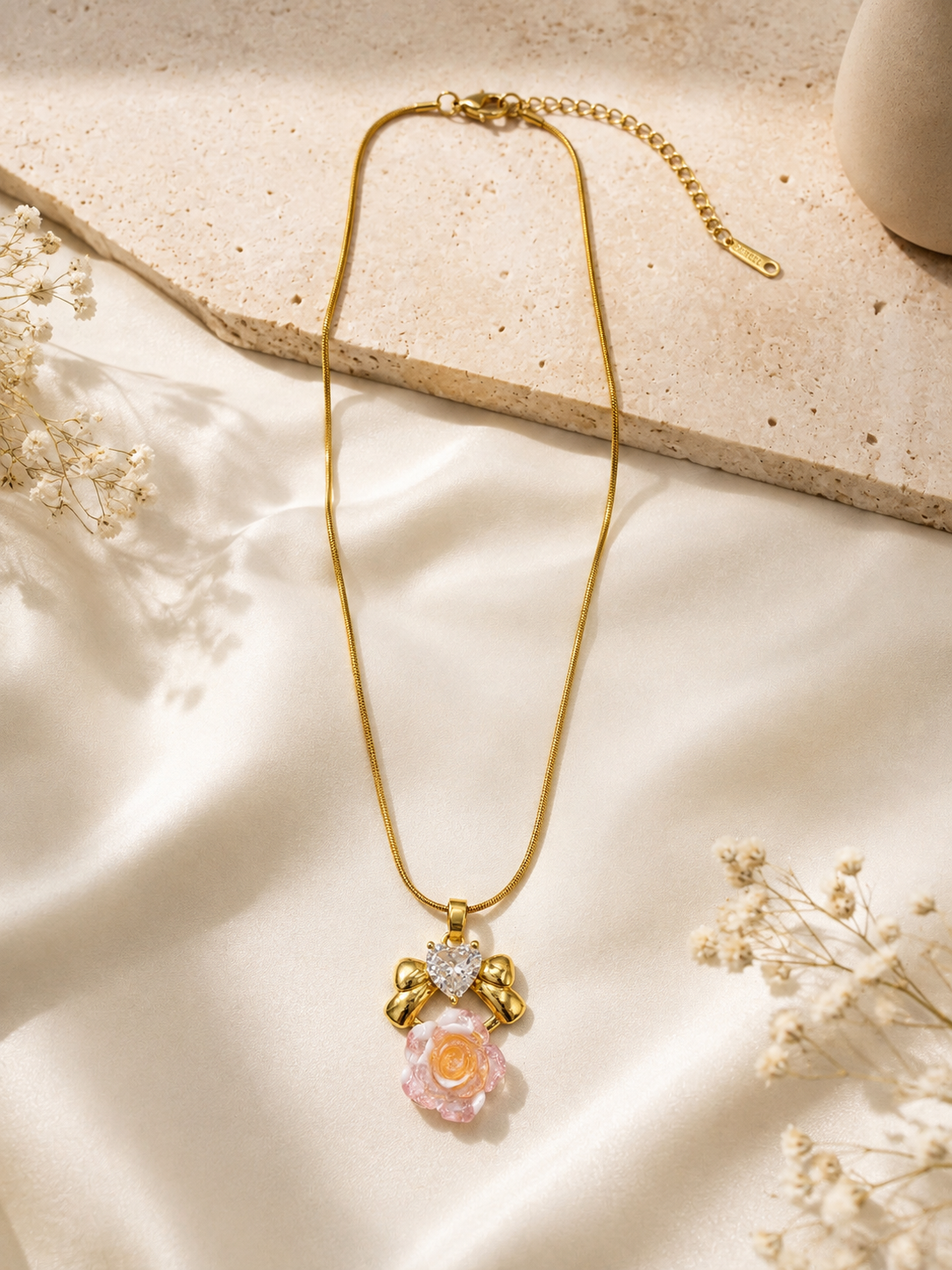Pink Rose Bow Pendant Necklace