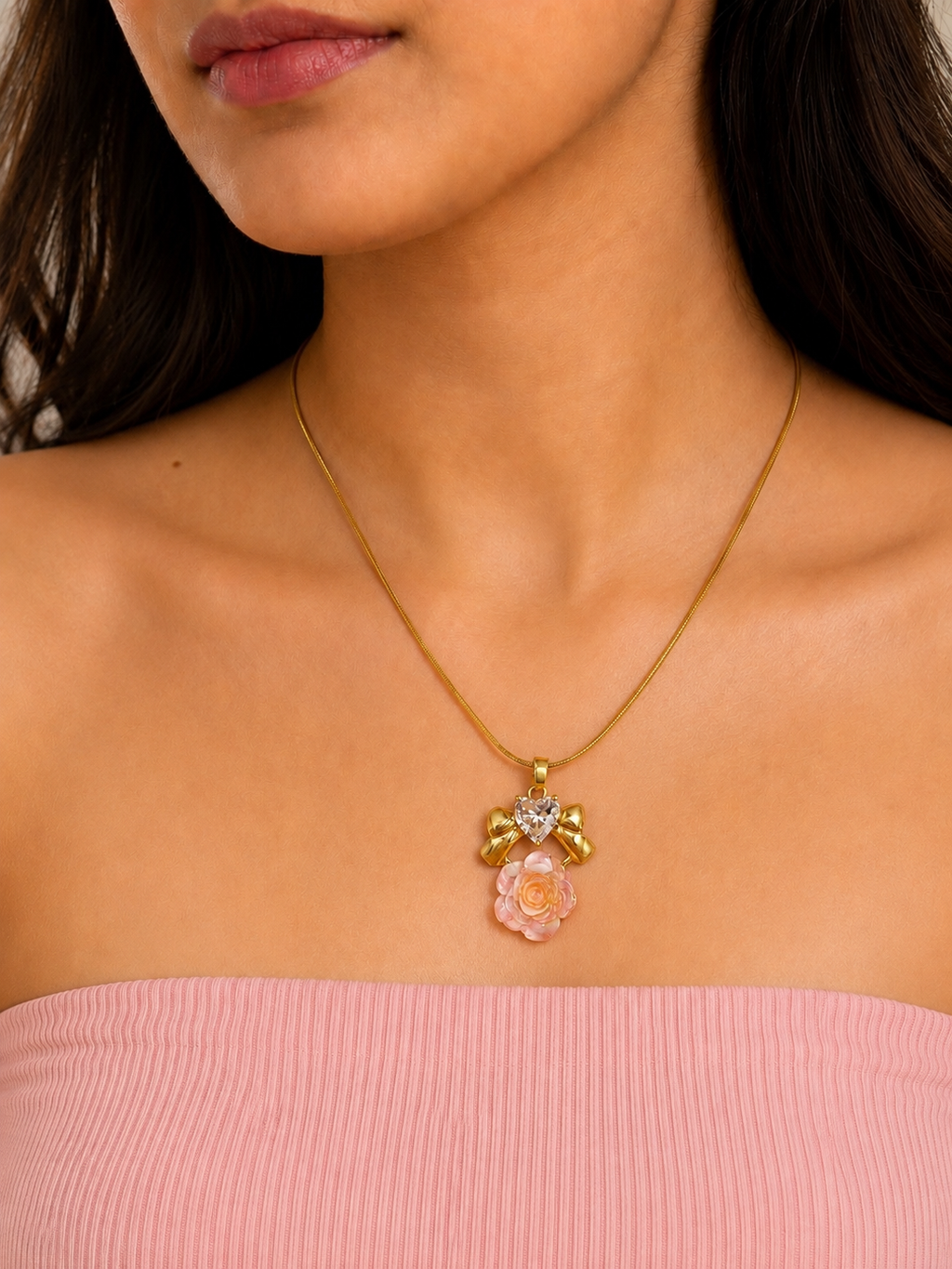 Pink Rose Bow Pendant Necklace