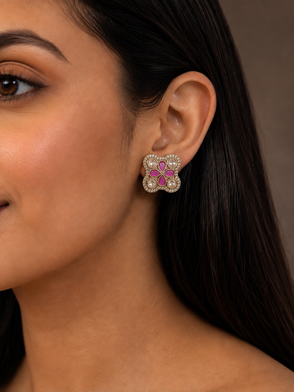Ruby Pink Kundan Medallion Stud Earrings