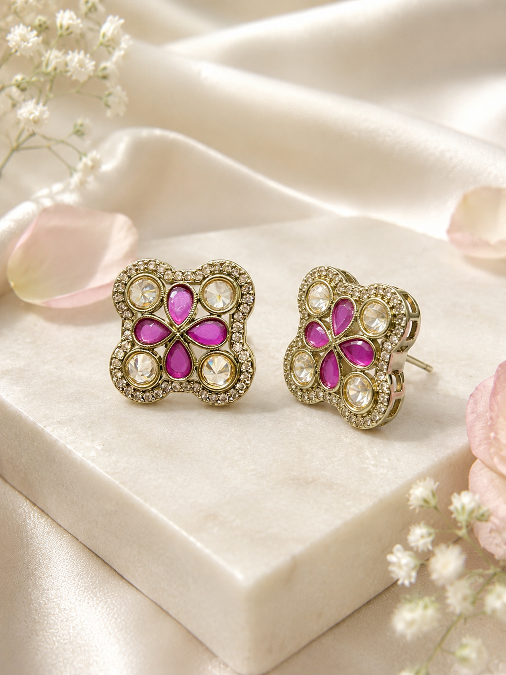 Ruby Pink Kundan Medallion Stud Earrings