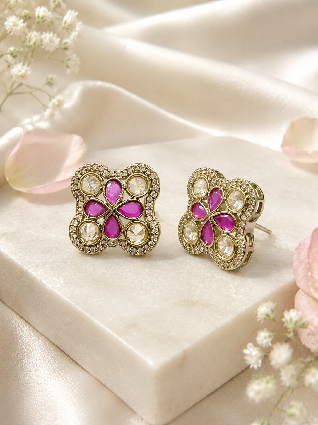 Ruby Pink Kundan Medallion Stud Earrings