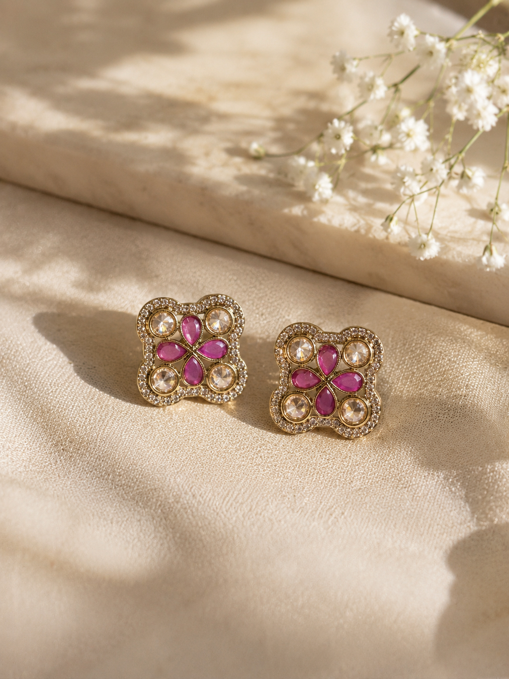Ruby Pink Kundan Medallion Stud Earrings