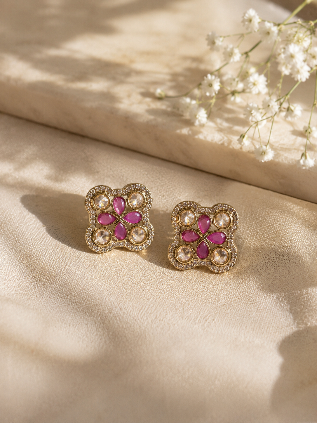 Ruby Pink Kundan Medallion Stud Earrings
