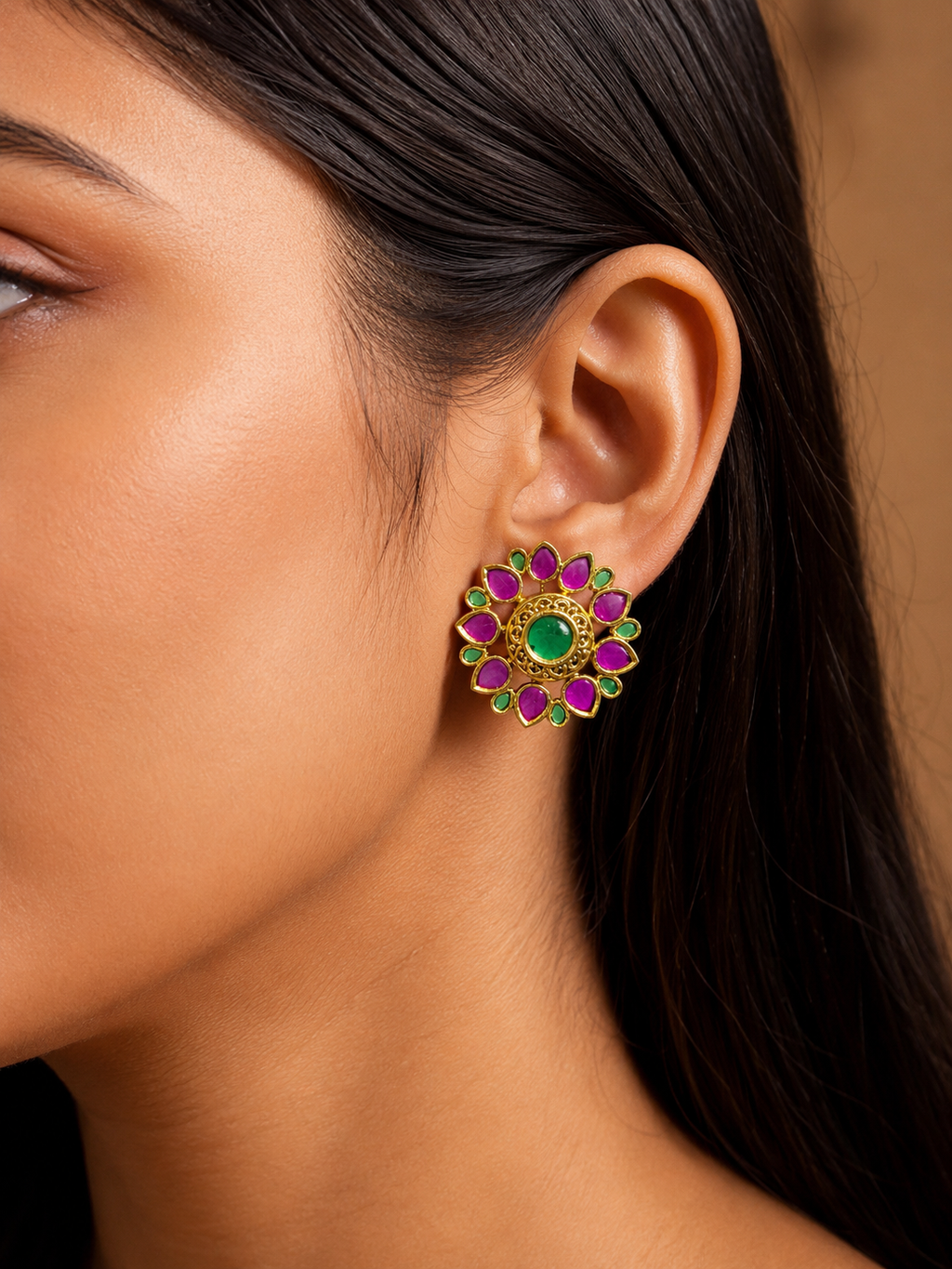 Ruby Pink & Green Heritage Studs