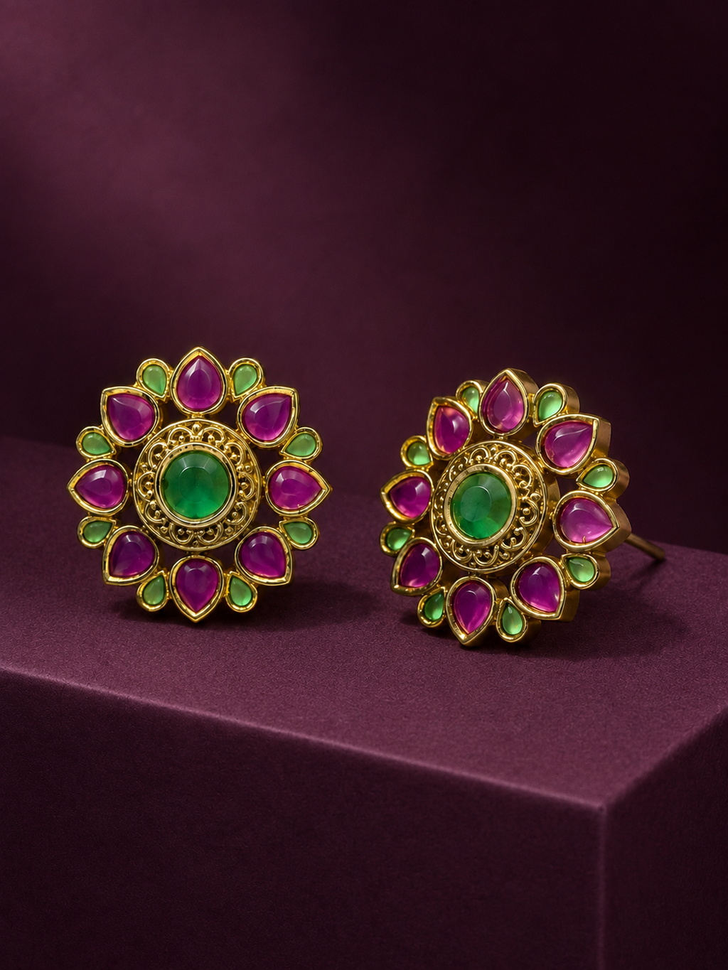 Ruby Pink & Green Heritage Studs