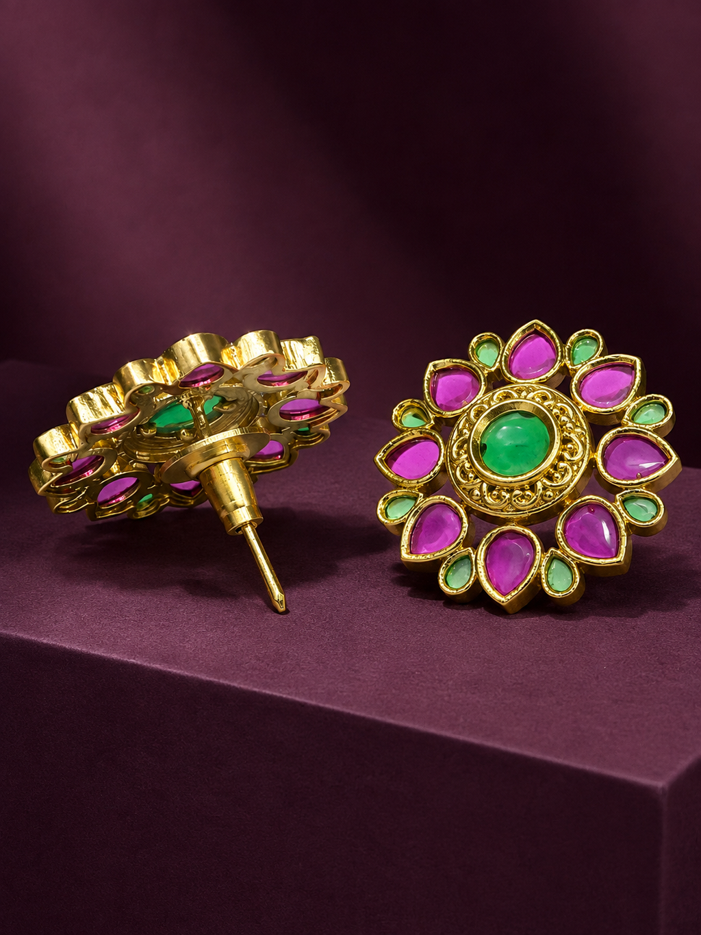 Ruby Pink & Green Heritage Studs