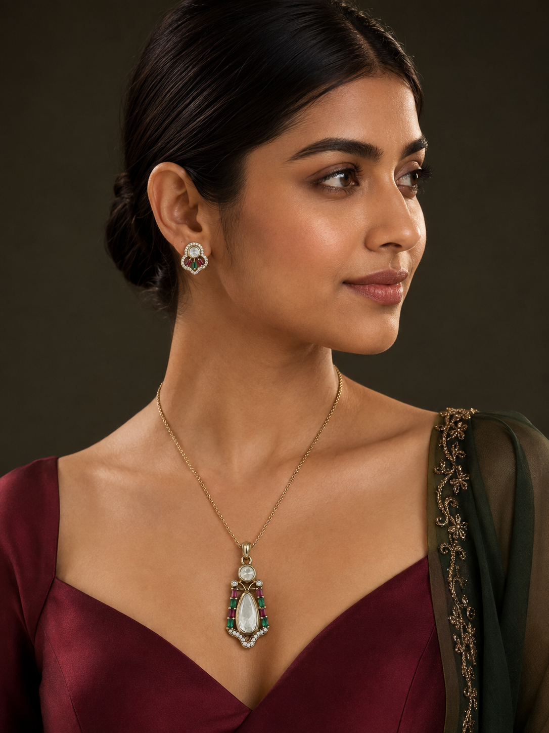 Ruby & Emerald Poise Moissanite Pendant Set