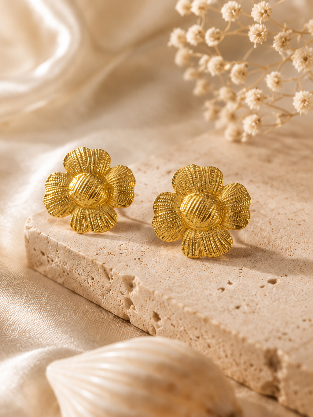 Textured Gold Flower Stud Earrings