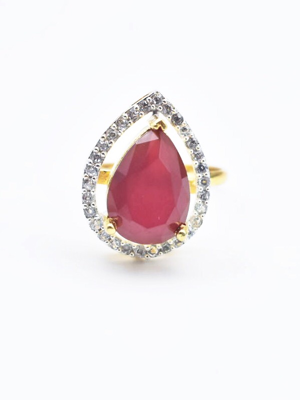 Red Stone & CZ Studded Adjustable Ring
