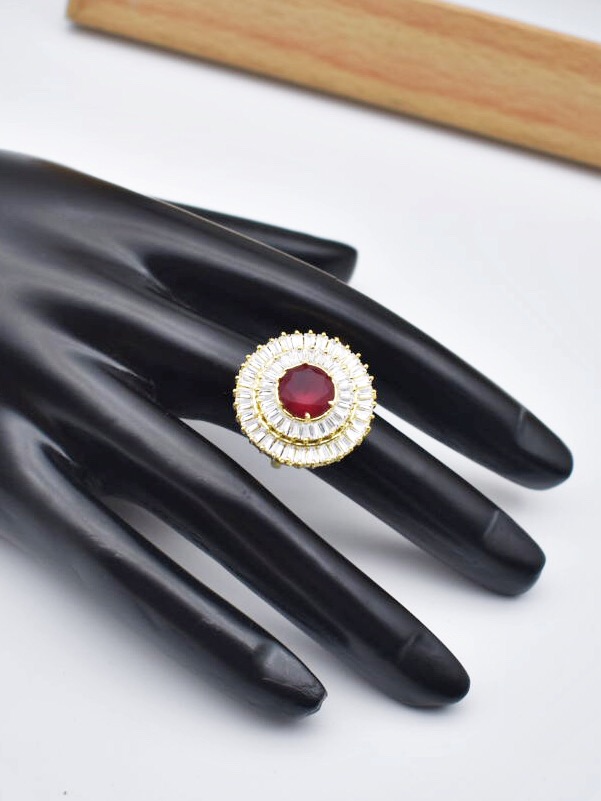 Red Stone Studded American Diamond Adjustable Ring