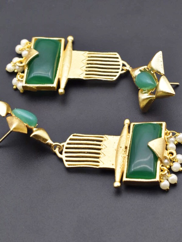 Green Stone Studded Gold Plated Danglers