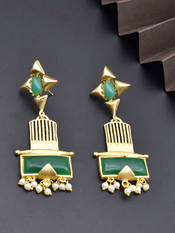 Green Stone Studded Gold Plated Danglers