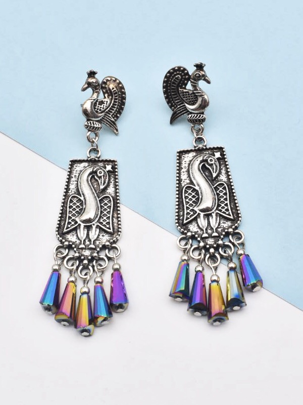German Silver Peacock Shaped Drop Earrings