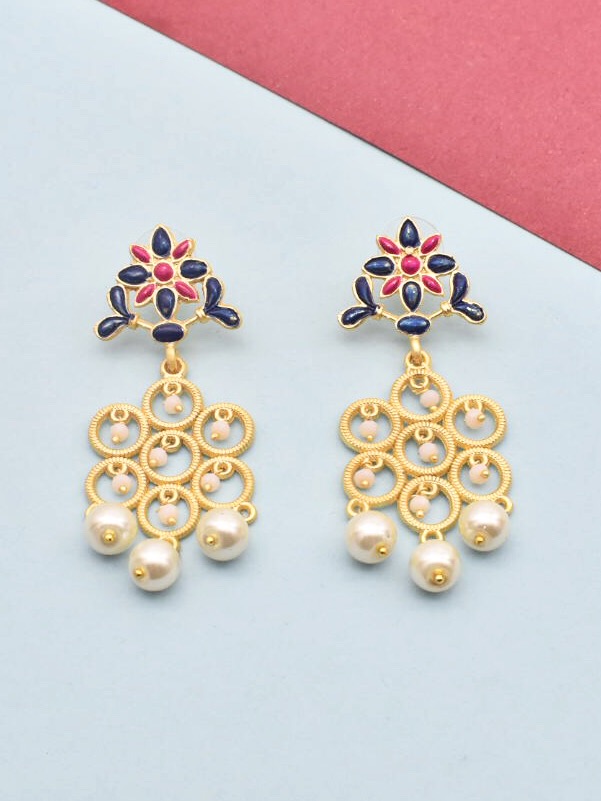 Gold Plated Floral Enameled Earrings