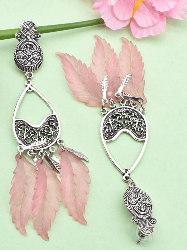 German Silver Pink Leaf Danglers