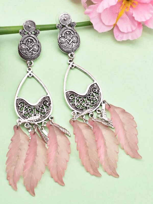 German Silver Pink Leaf Danglers