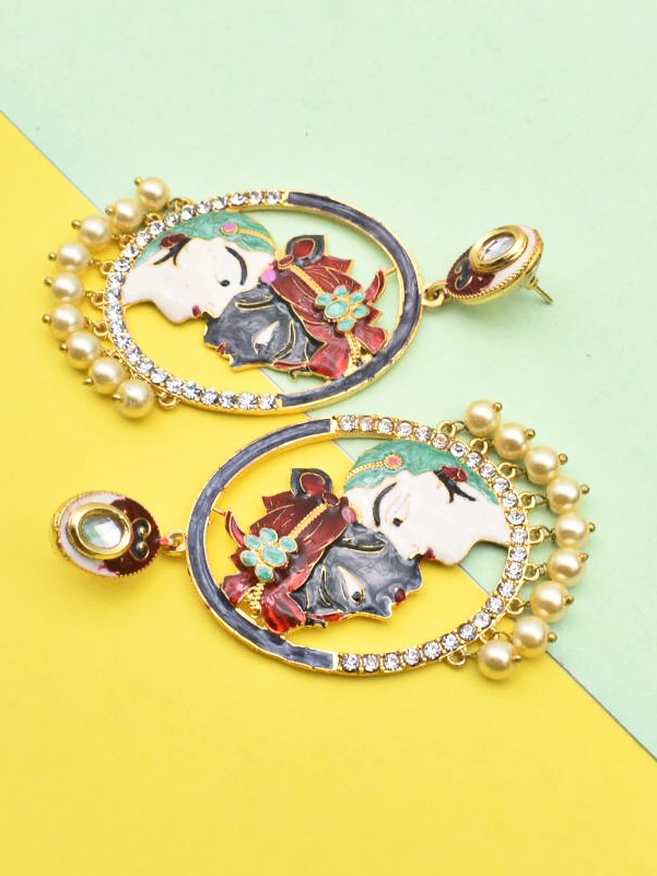 Oval Shaped Radha-Krishan Enameled Earrings