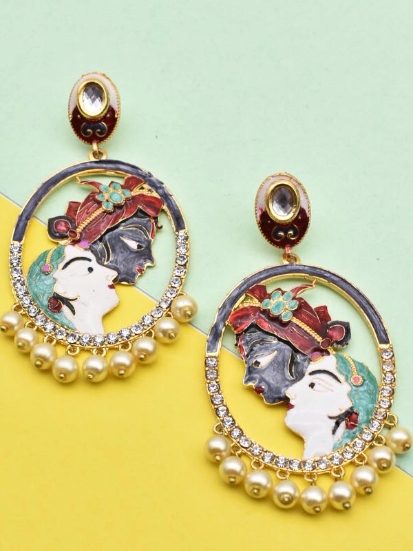 Oval Shaped Radha-Krishan Enameled Earrings
