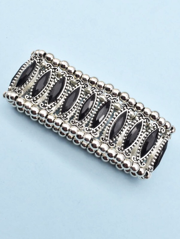 Black And Silver Stone Studded Elasticated Bracelet