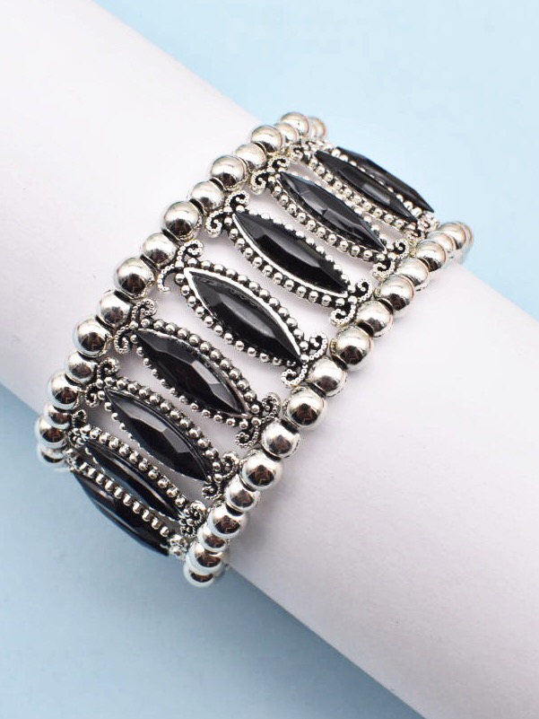 Black And Silver Stone Studded Elasticated Bracelet