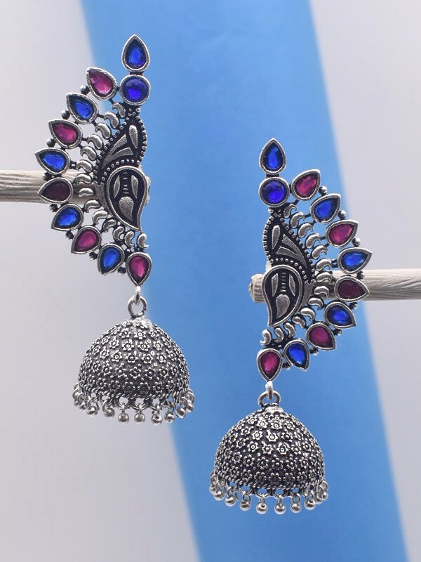 Onyx Blue & Ruby Red German Silver Handcrafted Jhumkas