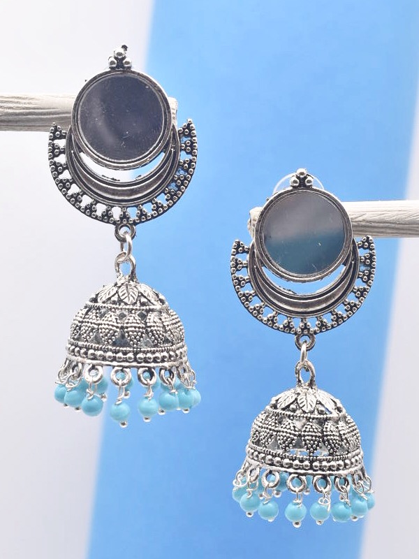 Handcrafted Oxidised Mirror Jhumkas (Blue Beads) | sperkygem.com