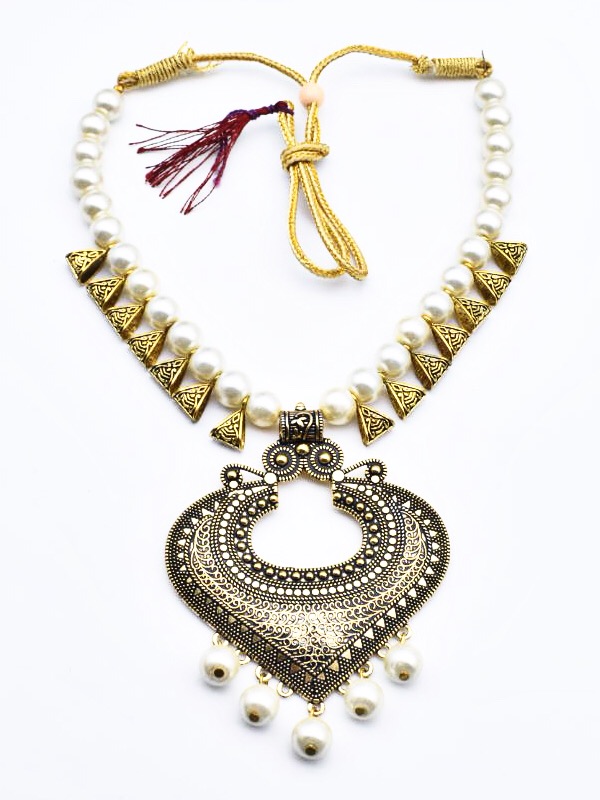 Golden Oxidised Pearl White Studded Necklace Set