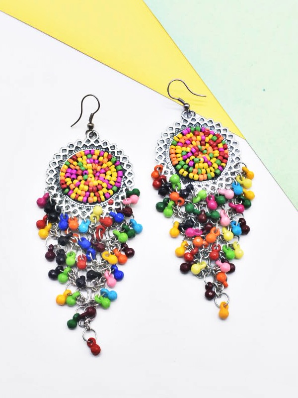 Multi color beaded teardrop earrings with stone