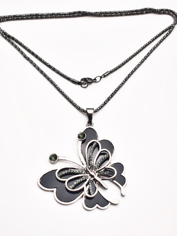 Grey And Black Toned Butterfly Shaped Chain Necklace