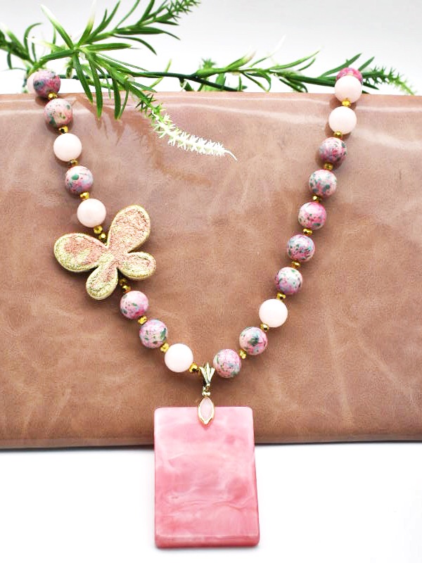 Korean Beaded- Pink Enameled Pendant Necklace