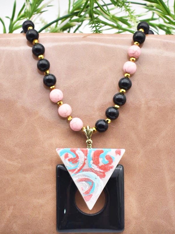 Korean Pink & Black Geometrical Pendant Necklace